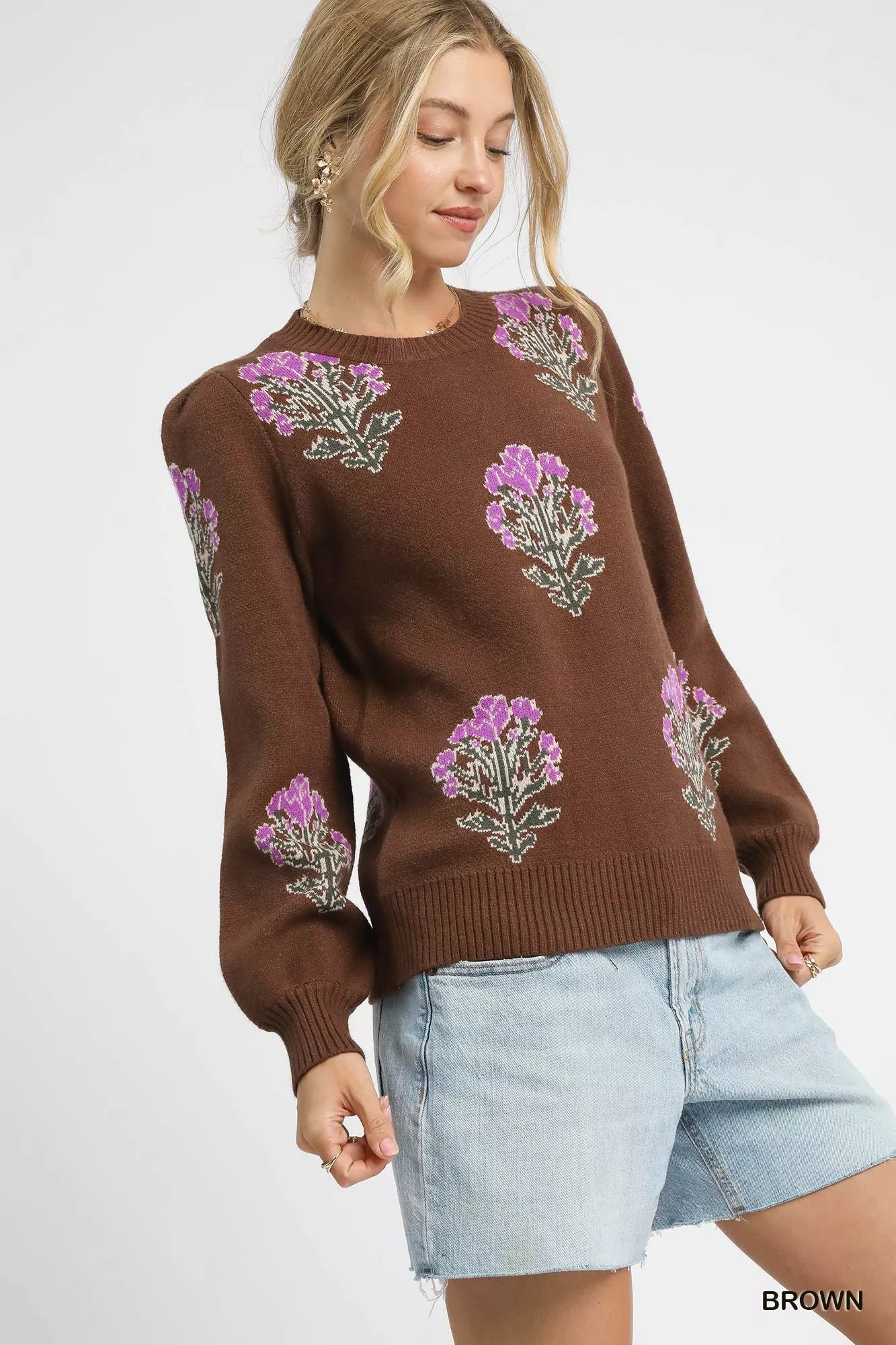 Umgee Single Flower Stem Jacquard Sweater OutfitFlow