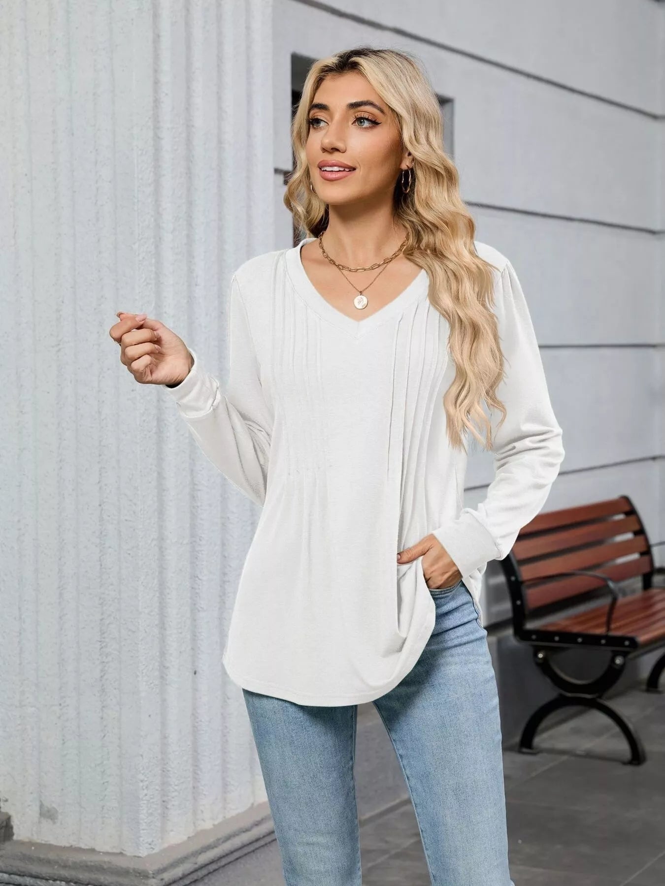 V-Neck Long Sleeve Relaxed Fit T-Shirt OutfitFlow