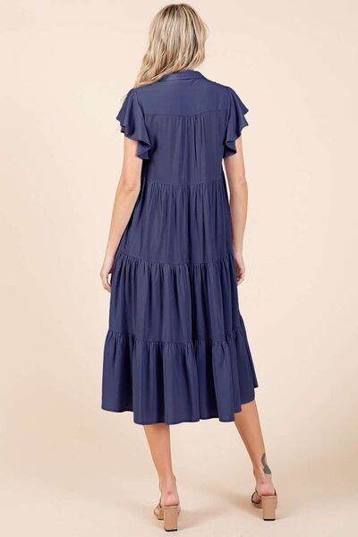 Mittoshop Ruffle Sleeve Collared V Neck Tiered Midi Dress OutfitFlow