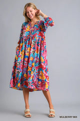 Umgee Full Size Floral Print Tie Neck Midi Dress with Pockets Plus Size Trendsi