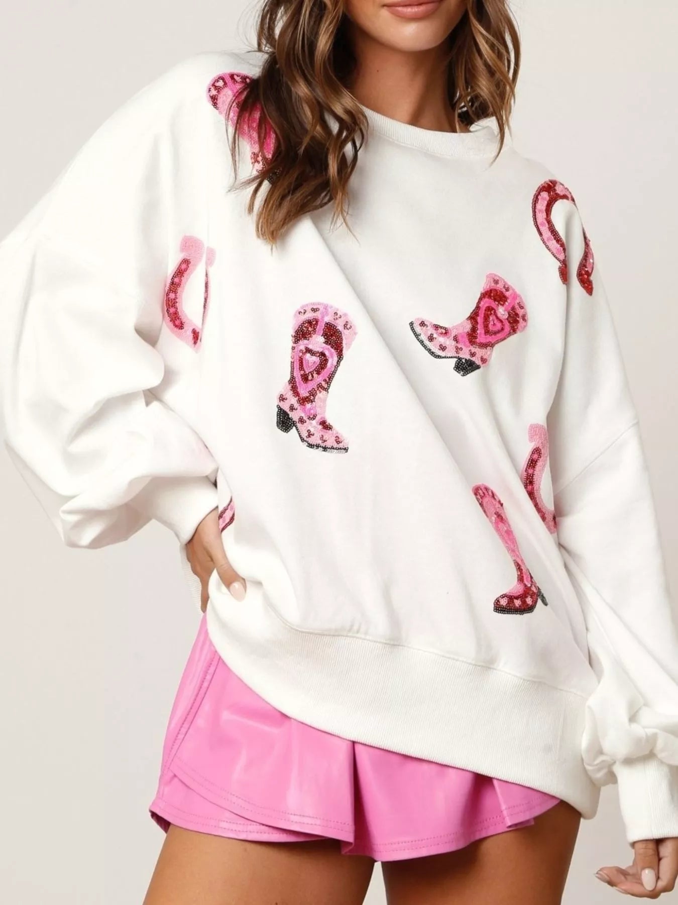 Sequin Boots Color Block Sweatshirt OutfitFlow
