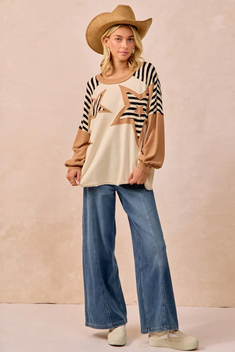 BiBi Star Patchwork Mixed Long Sleeve Top OutfitFlow