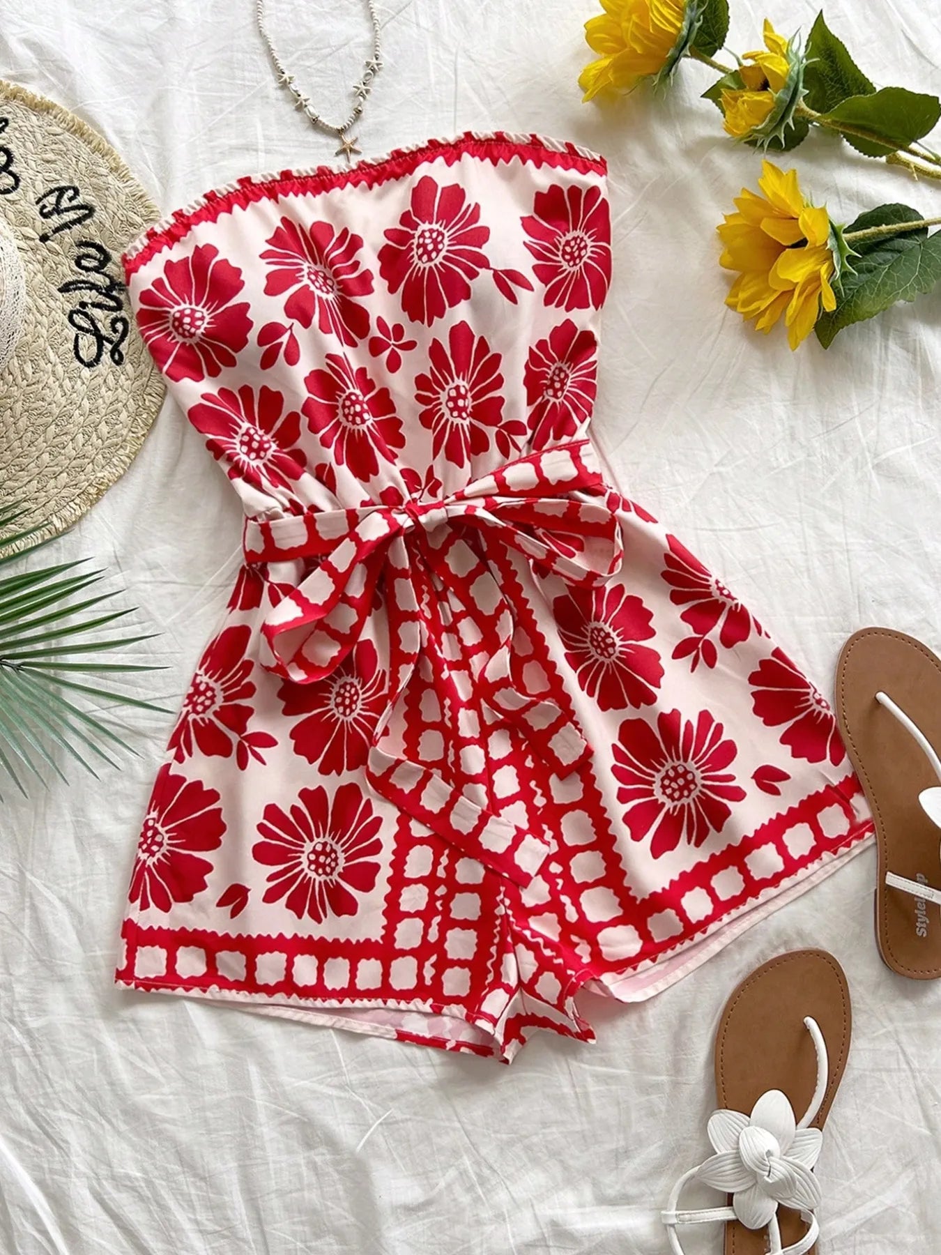 Printed Tube Tie Waist Romper Deep Red OutfitFlow