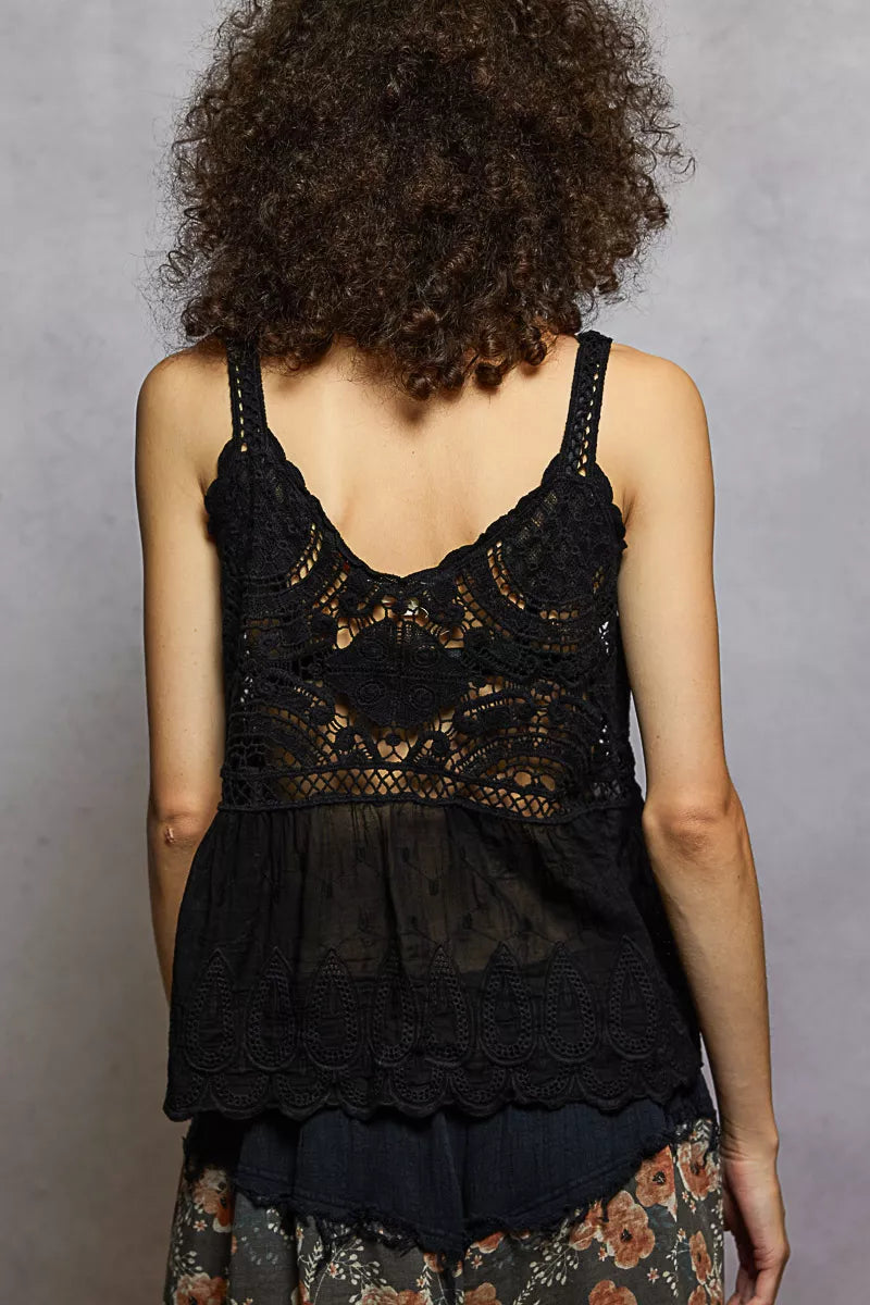 POL V-Neck Crochet Tank with Floral Embroidery Detail OutfitFlow