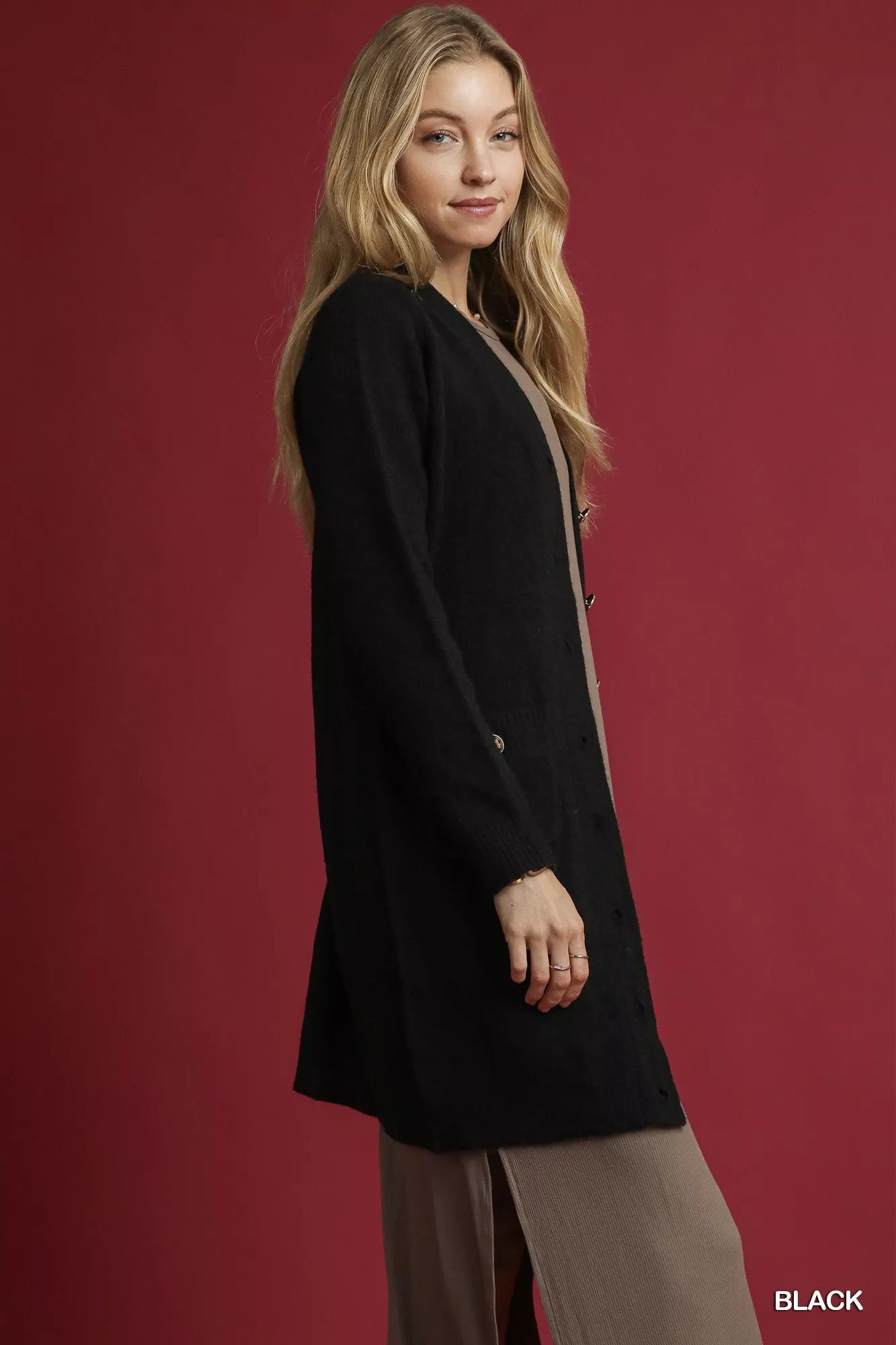 Umgee Button-Down Longline Sweater Cardigan with Front Pockets OutfitFlow