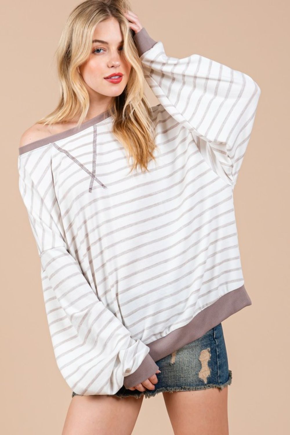 Ces Femme Striped Round Neck Drop Shoulder Sweatshirt