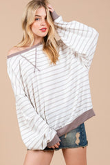 Ces Femme Striped Round Neck Drop Shoulder Sweatshirt