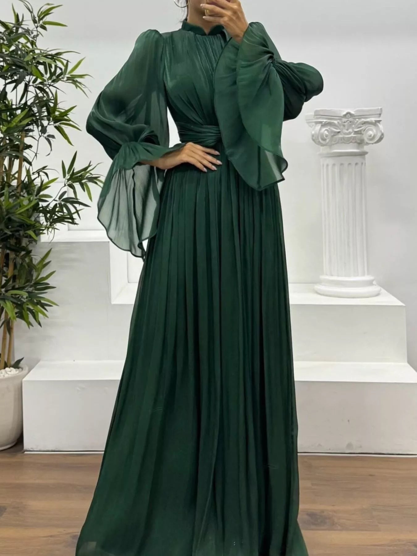 Pleated Mock Neck Long Sleeve Maxi Dress OutfitFlow