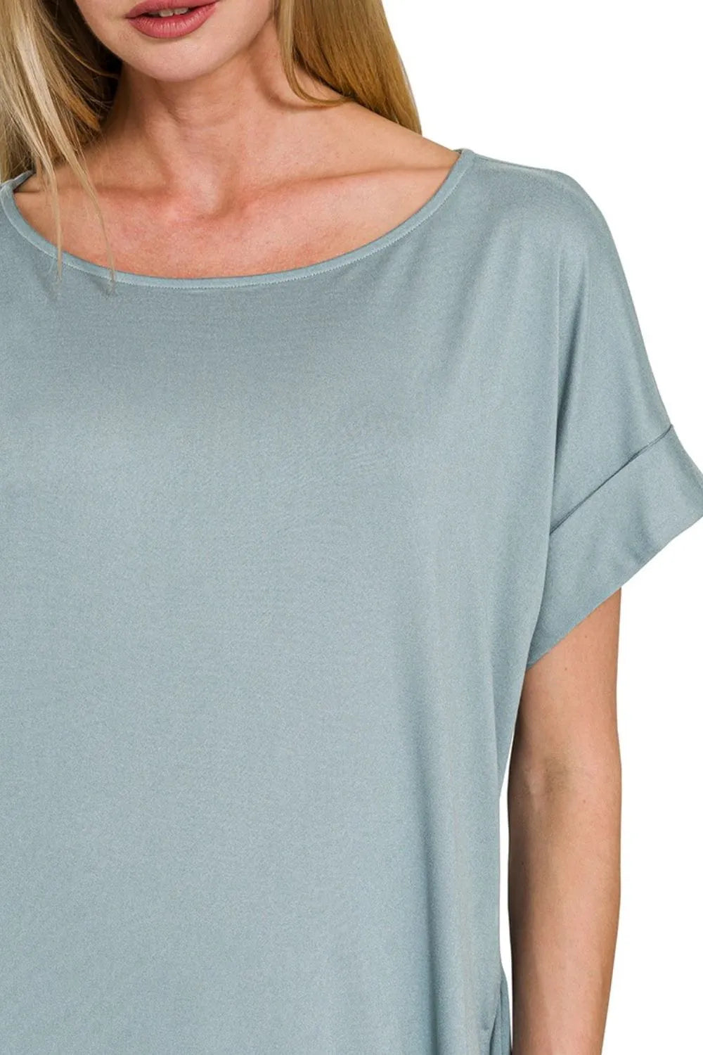 Zenana Rolled Short Sleeve Round Neck Dress OutfitFlow
