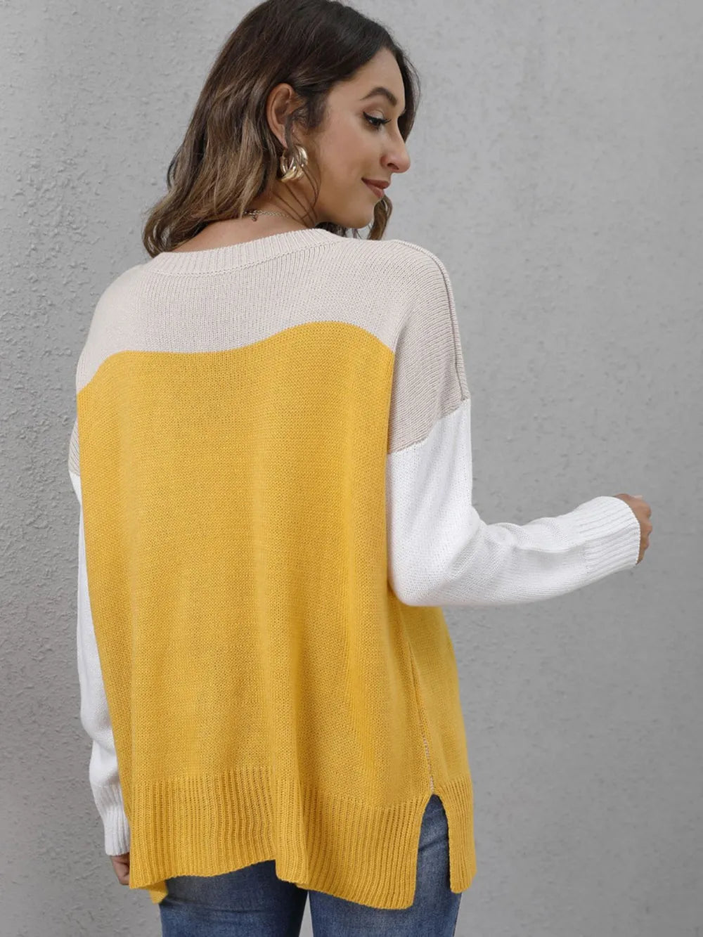 Color Block Round Neck Sweater OutfitFlow