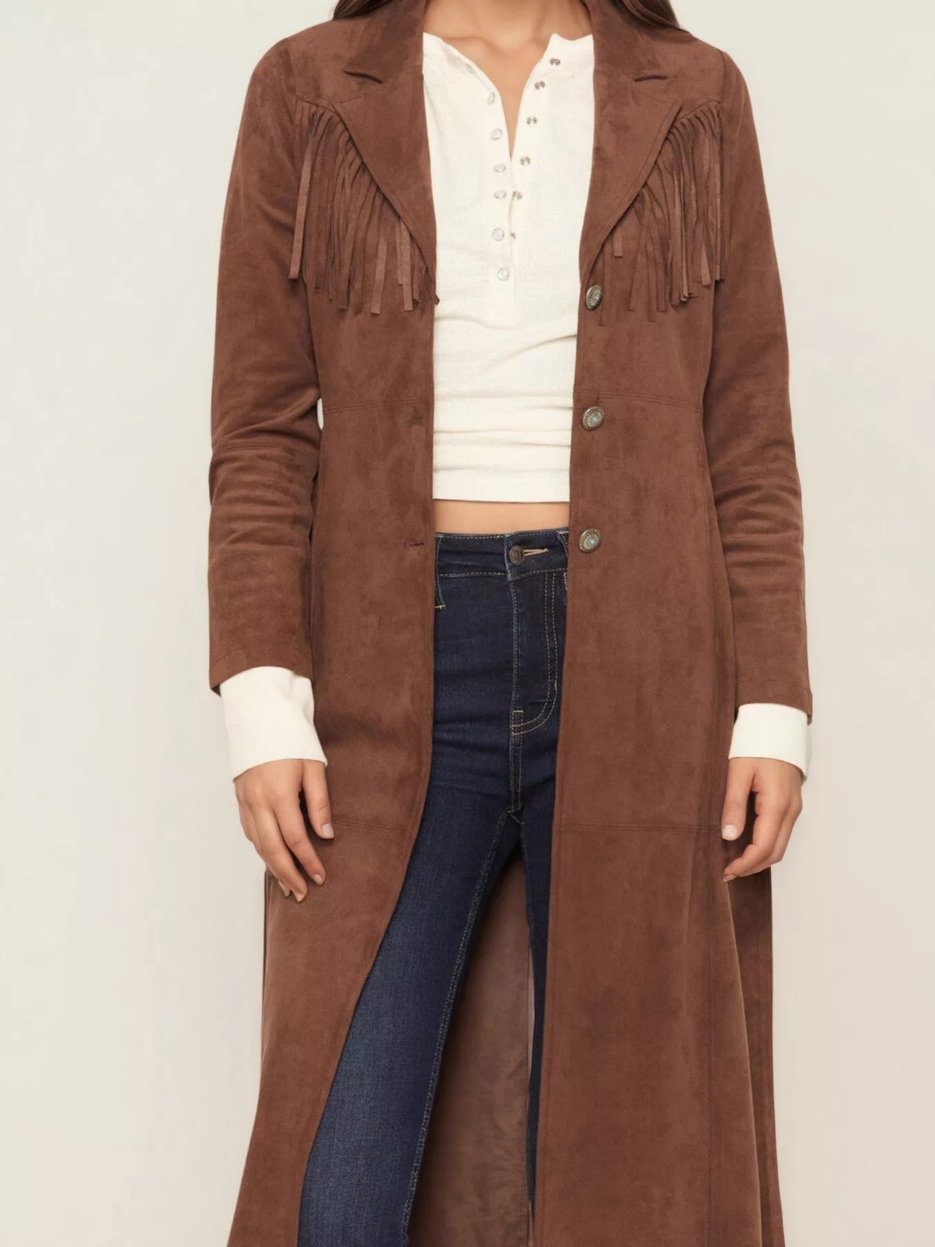 Fringe Lapel Collar Long Sleeve Coat Trendsi