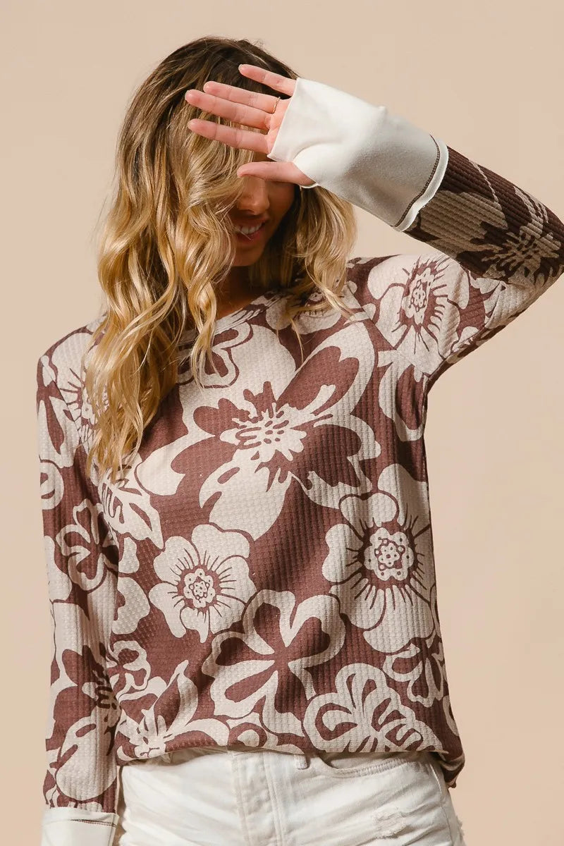 BiBi Flower Printed Waffle Thumb Opening Top OutfitFlow