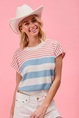 BiBi Stripes Lightweight Short Sleeve Sweater OutfitFlow