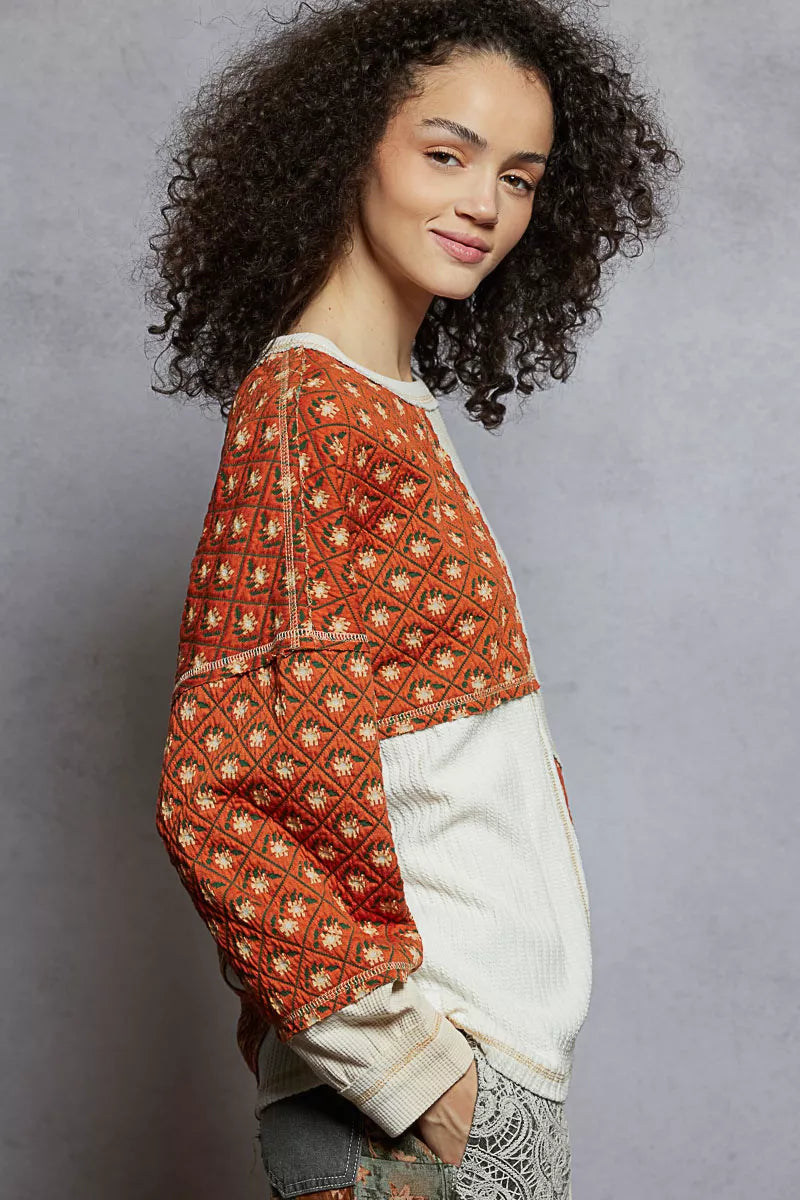 POL Contrast Patchwork Round Neck Long Sleeve Top OutfitFlow