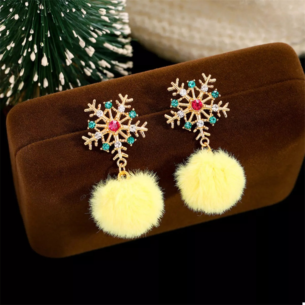 Christmas Snowflake Pom Pom Drop Earrings Yellow One Size OutfitFlow