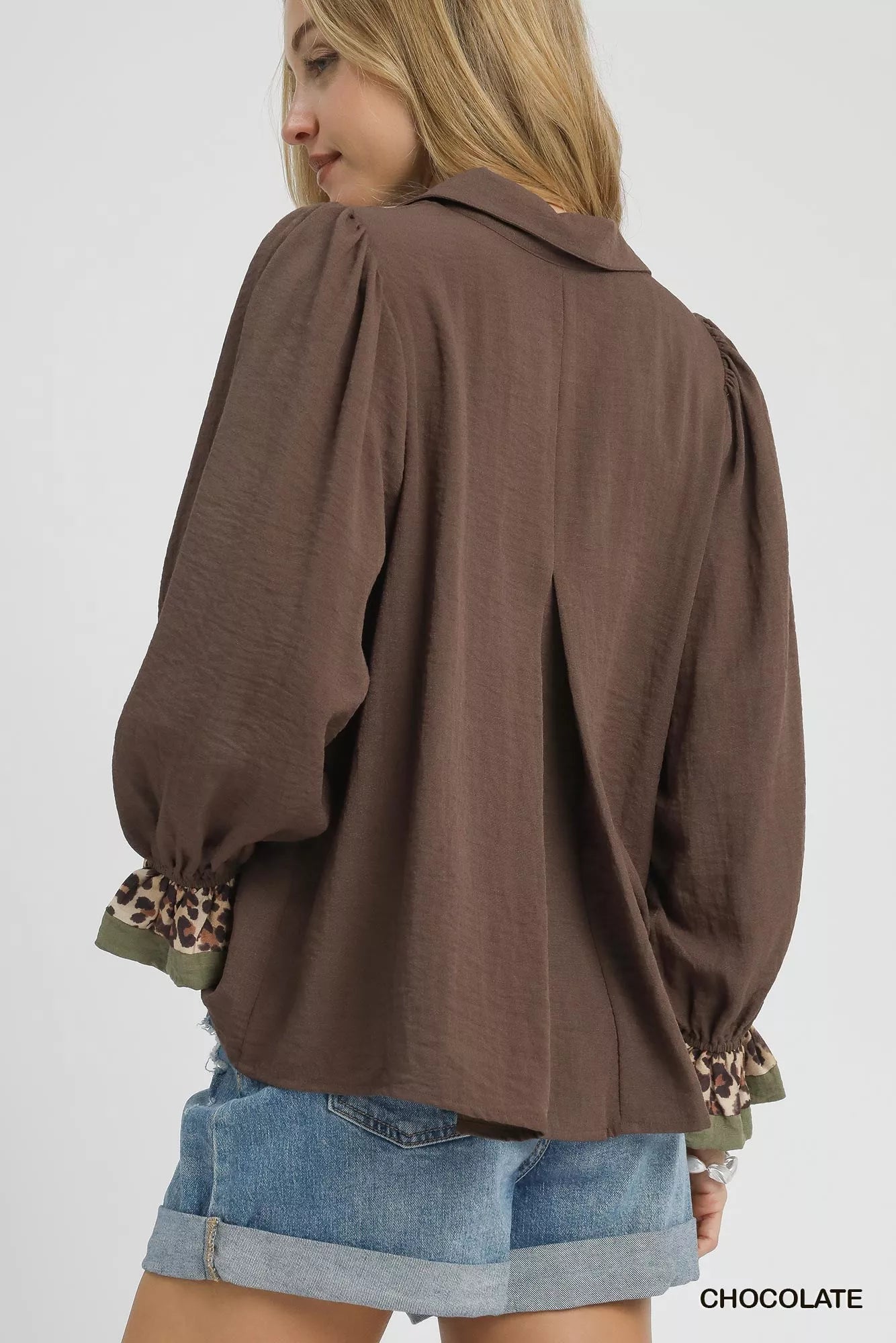 Umgee Half Button Blouse with Leopard Print Trim OutfitFlow