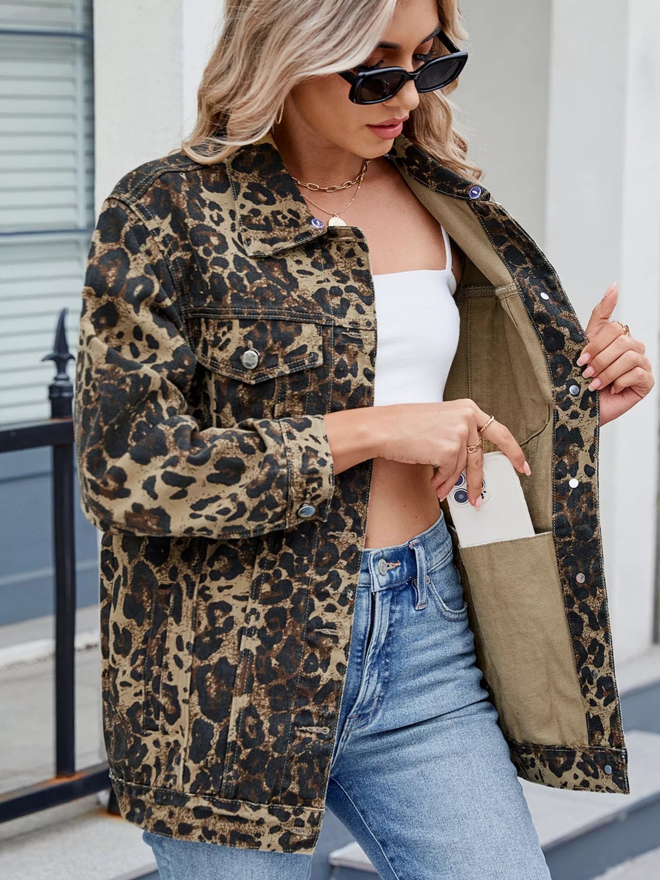 Button Up Long Sleeve Denim Jacket Leopard OutfitFlow