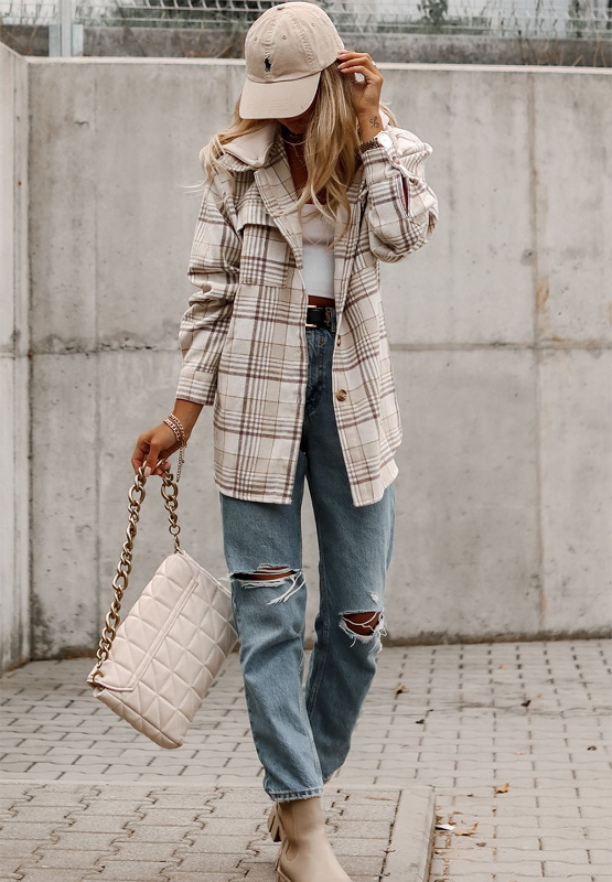 Outfit Flow - Plaid Removable Hood Button Up Jacket