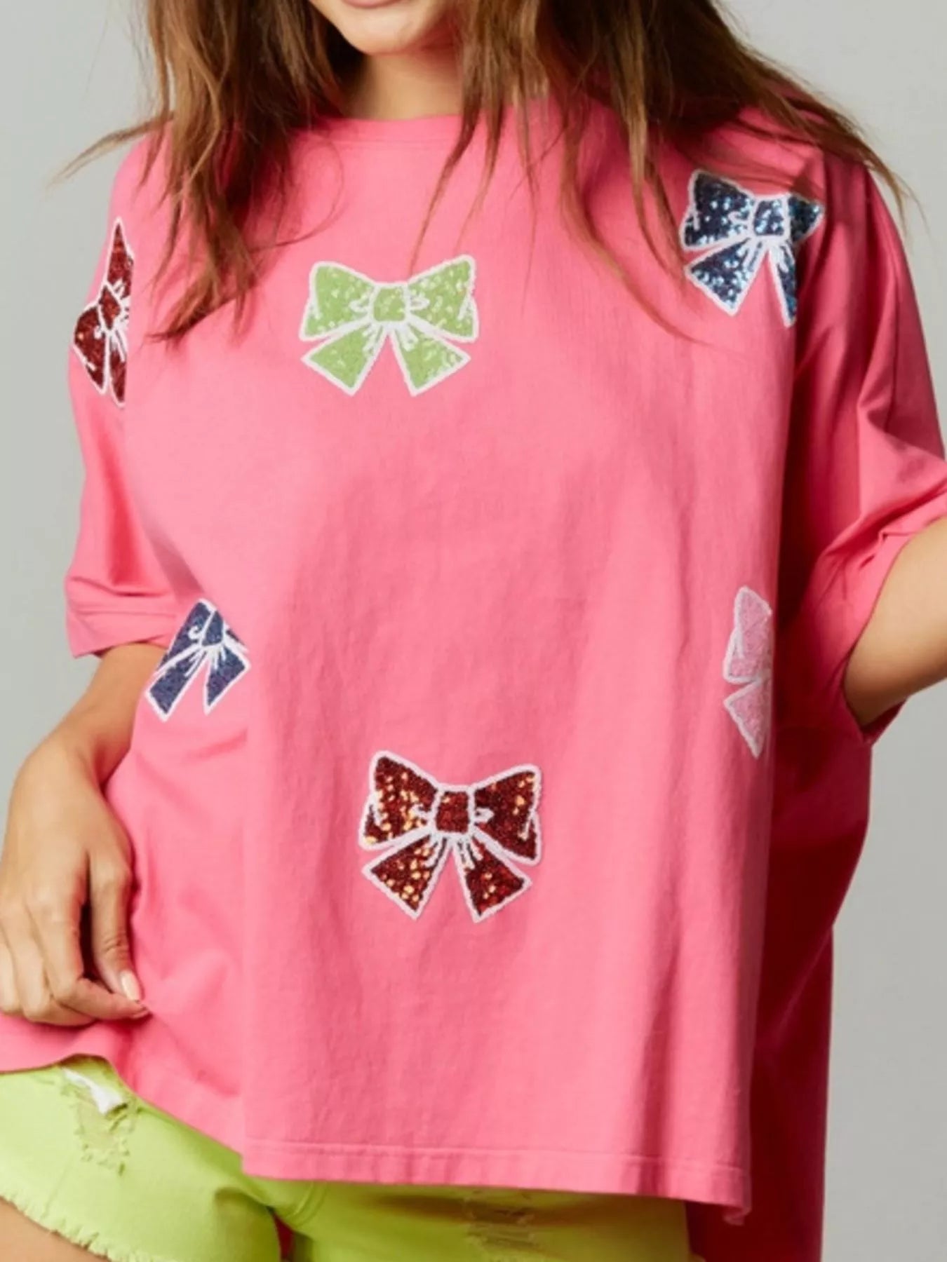 Sequin Bow Round Neck T-Shirt OutfitFlow
