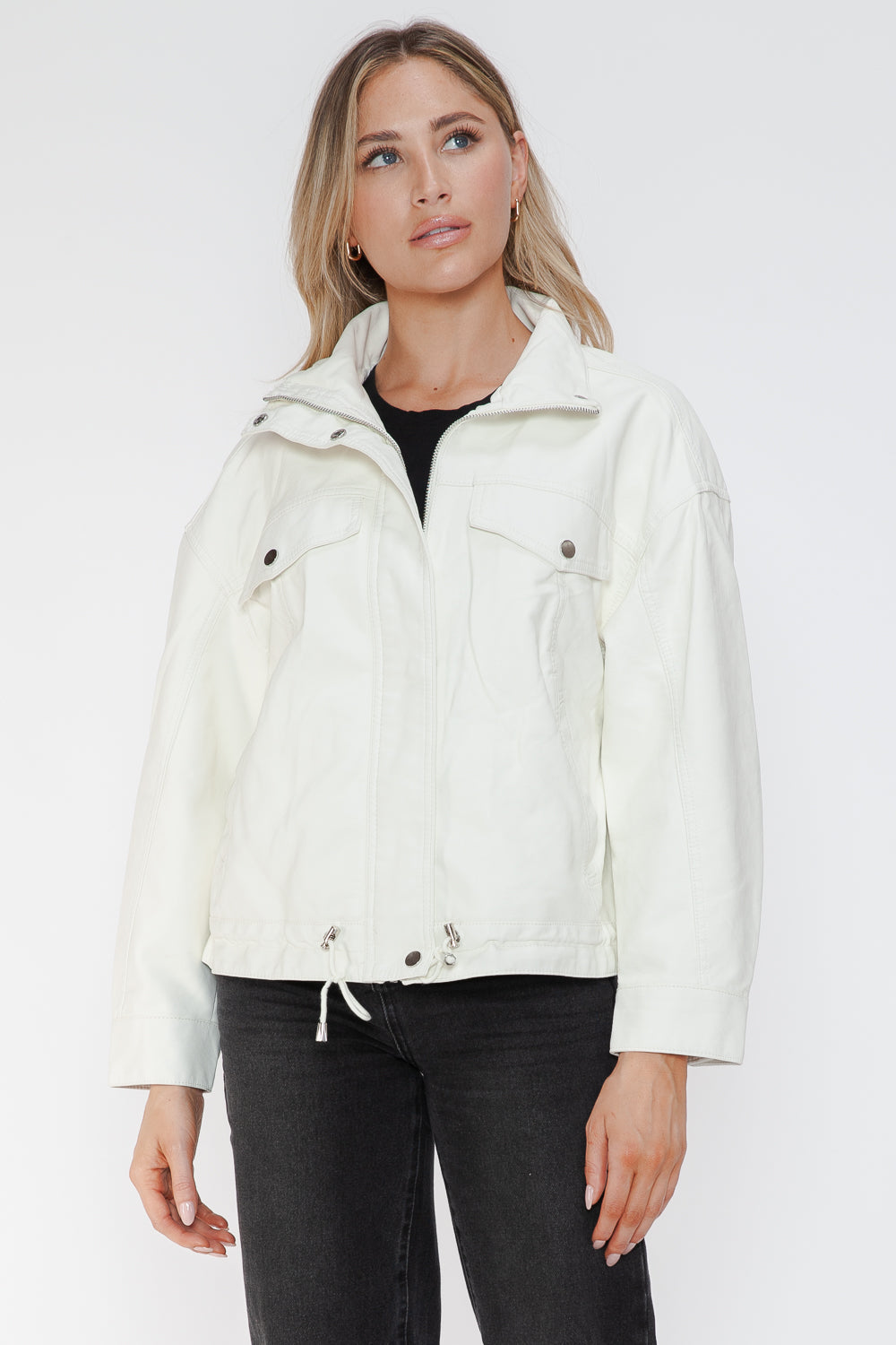 Outfit Flow - How Dare U Drawstring Hem PU Leather Zip Up Jacket