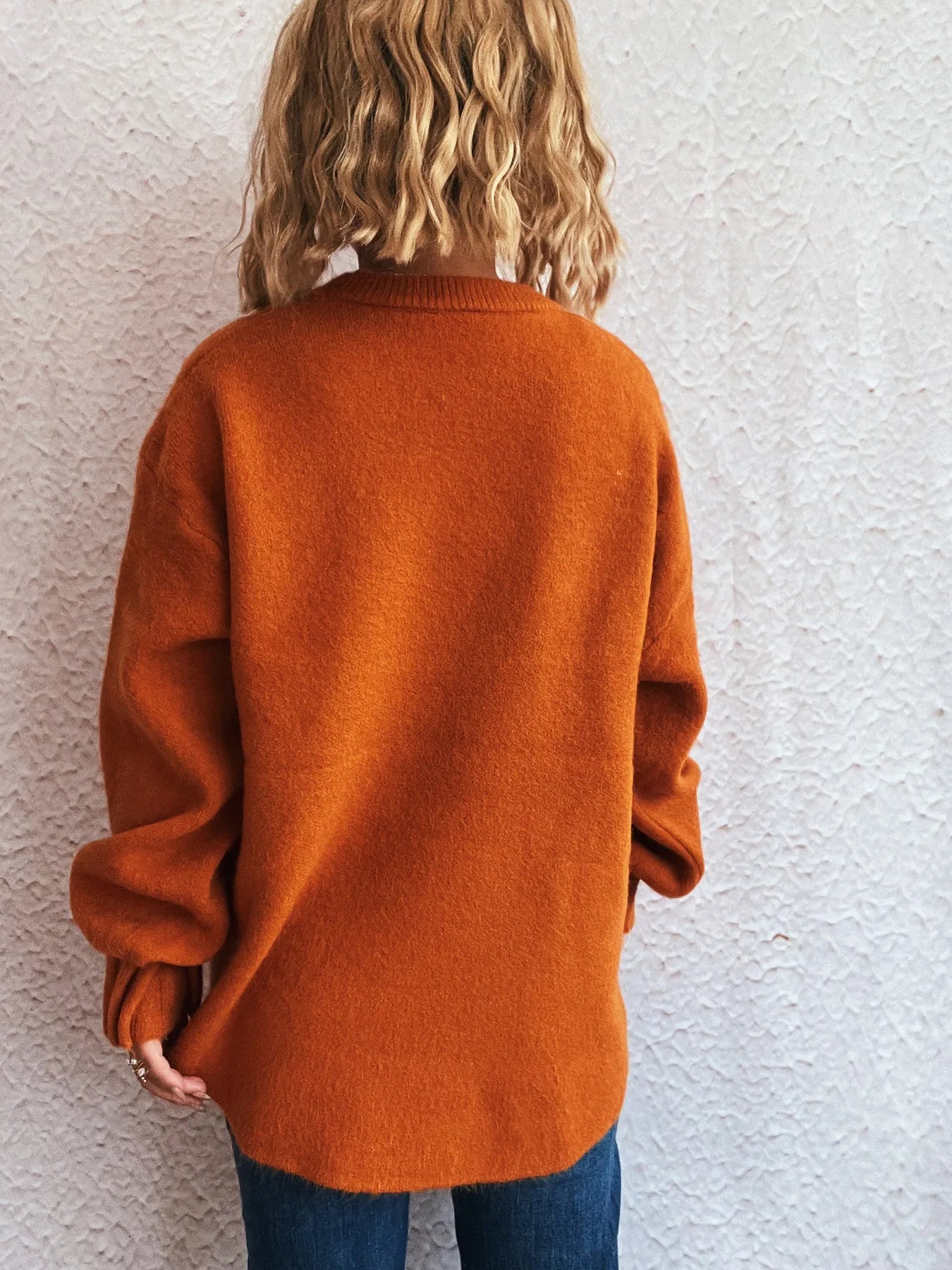 Round Neck Dropped Shoulder Sweater OutfitFlow