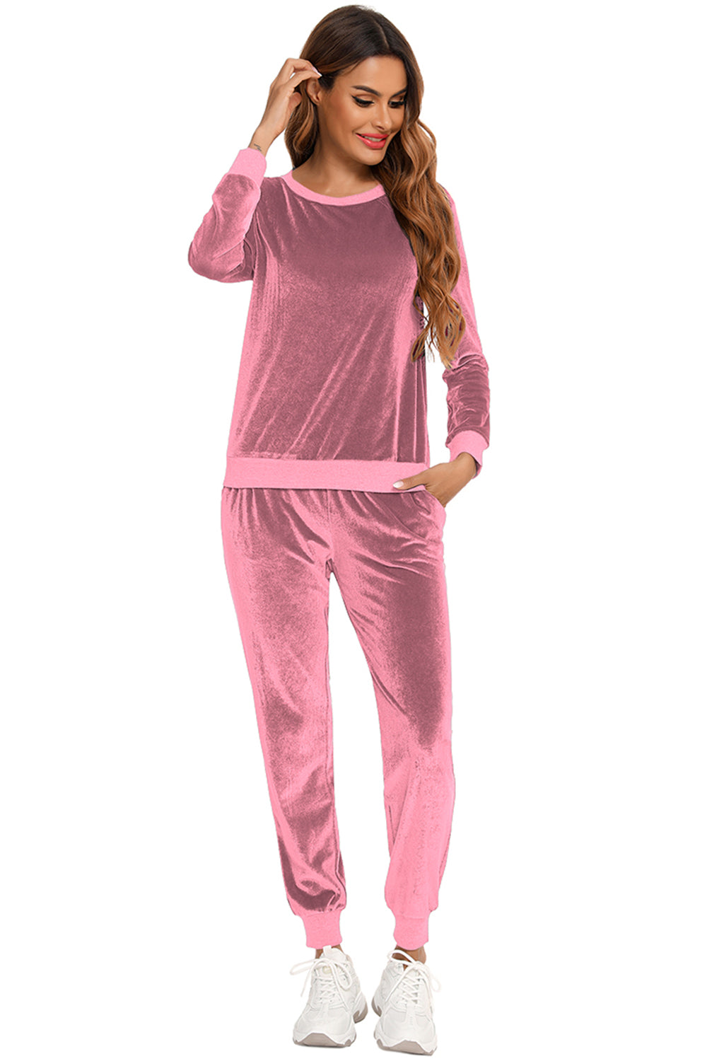 Outfit Flow - Round Neck Long Sleeve Loungewear Set with Pockets