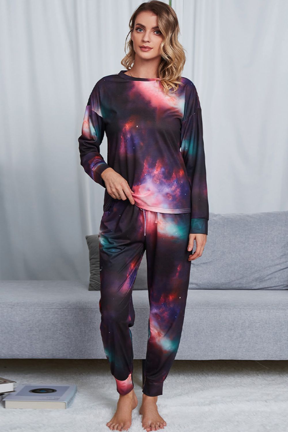 Outfit Flow - Shiny Tie-Dye Crewneck Top and Drawstring Waist Joggers Lounge Set