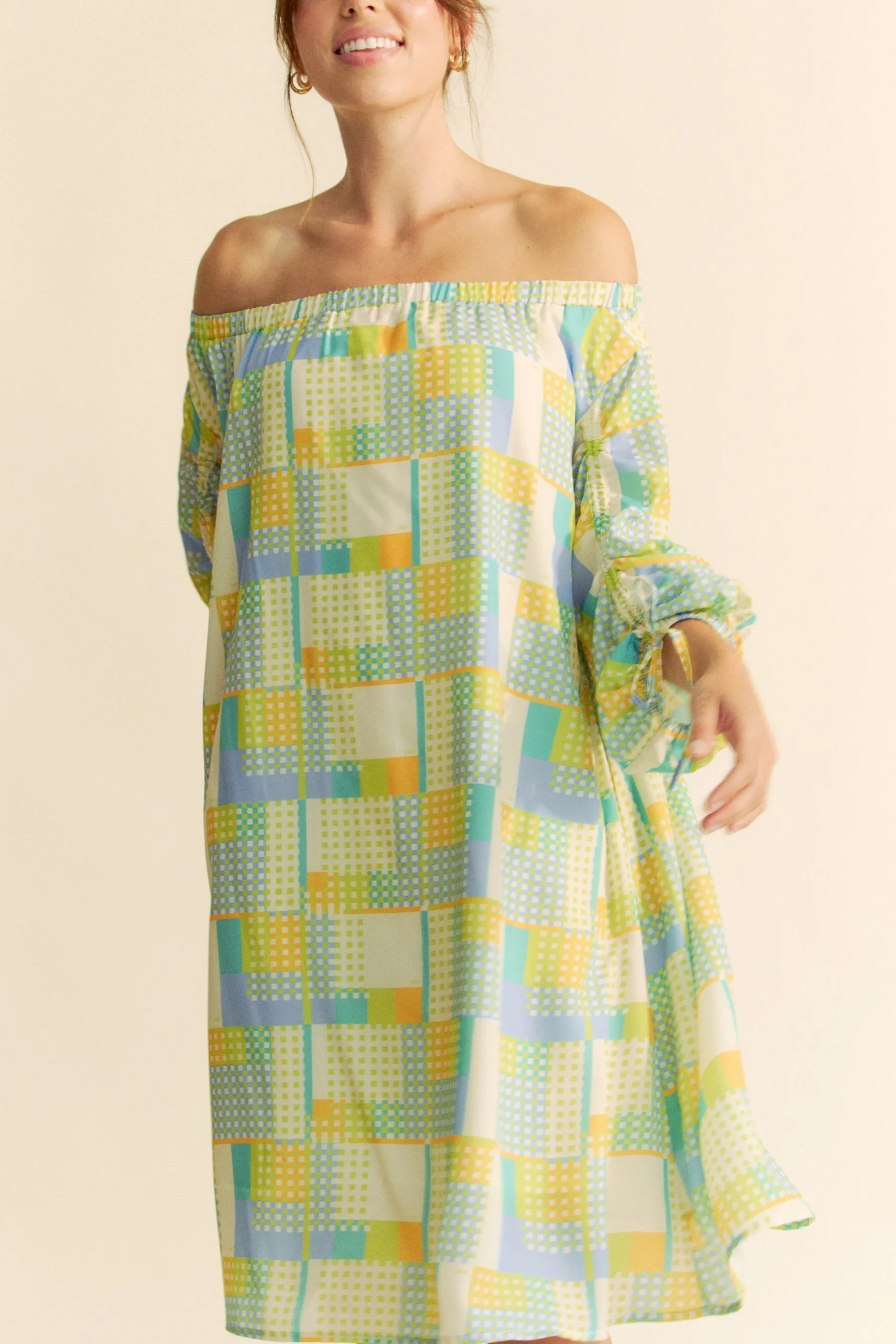 Davi & Dani Printed Off Shoulder Drawstring Sleeve Mini Dress OutfitFlow