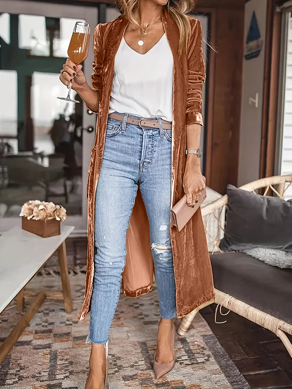 Open Front Long Sleeve Coat Brown Trendsi