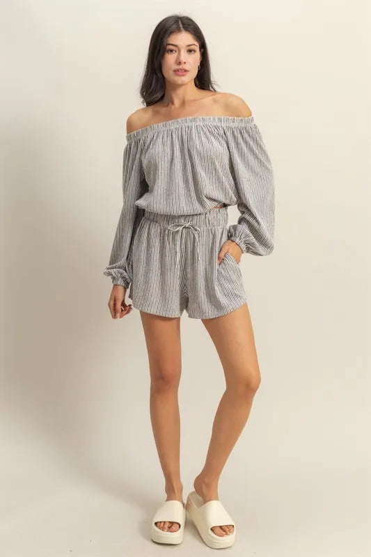 HYFVE Off Shoulder Top and Shorts Set BLACK WHITE OutfitFlow