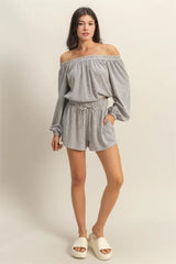HYFVE Off Shoulder Top and Shorts Set BLACK WHITE OutfitFlow