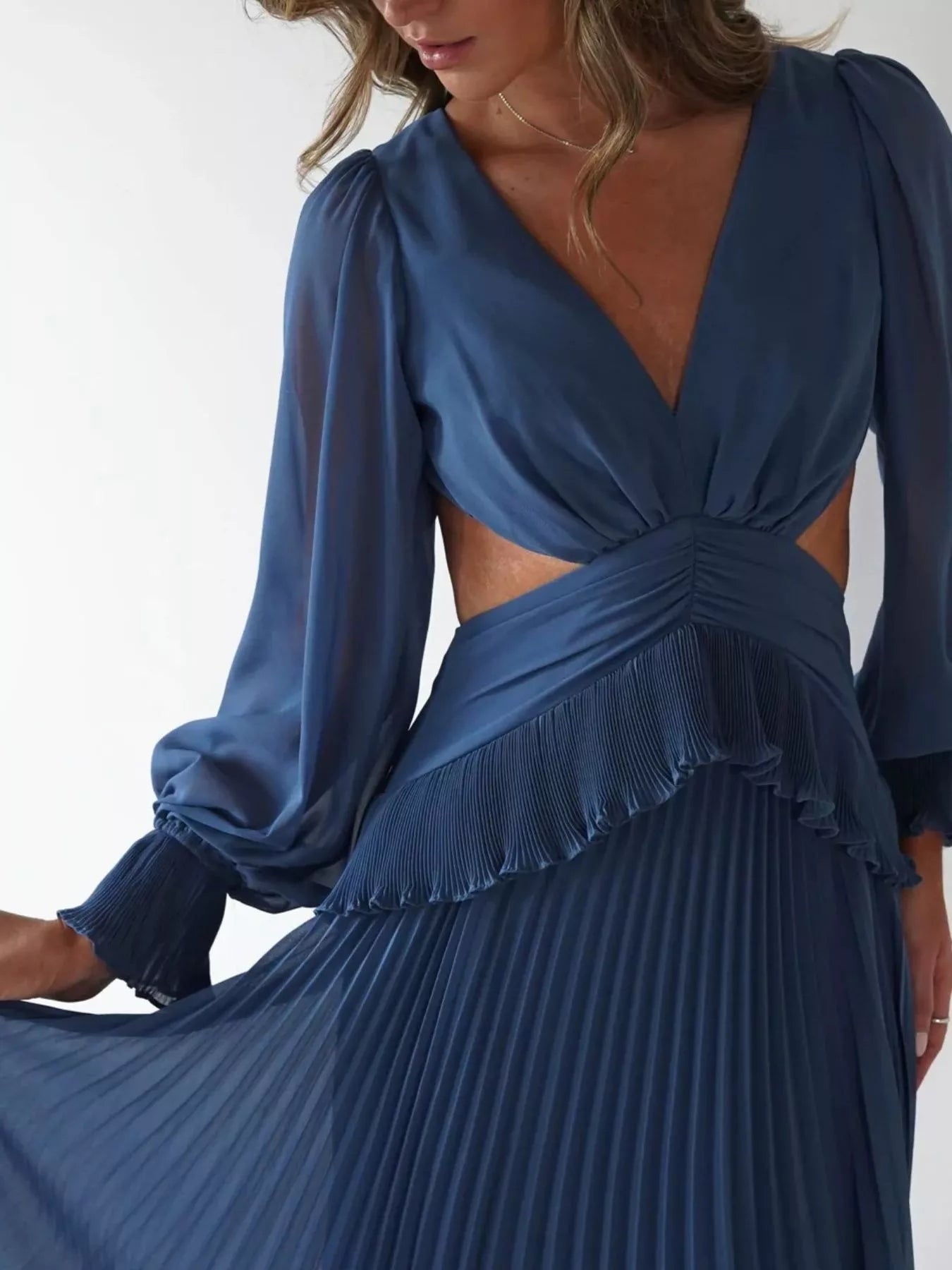Backless Pleated Long Sleeve Maxi Dress OutfitFlow