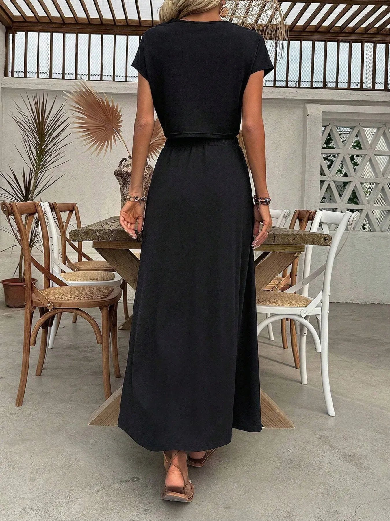 Round Neck Top and Slit Skirt Set OutfitFlow