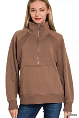 Zenana Half Zip Fleece Sweatshirt with kangaroo Pocket BROWN Trendsi