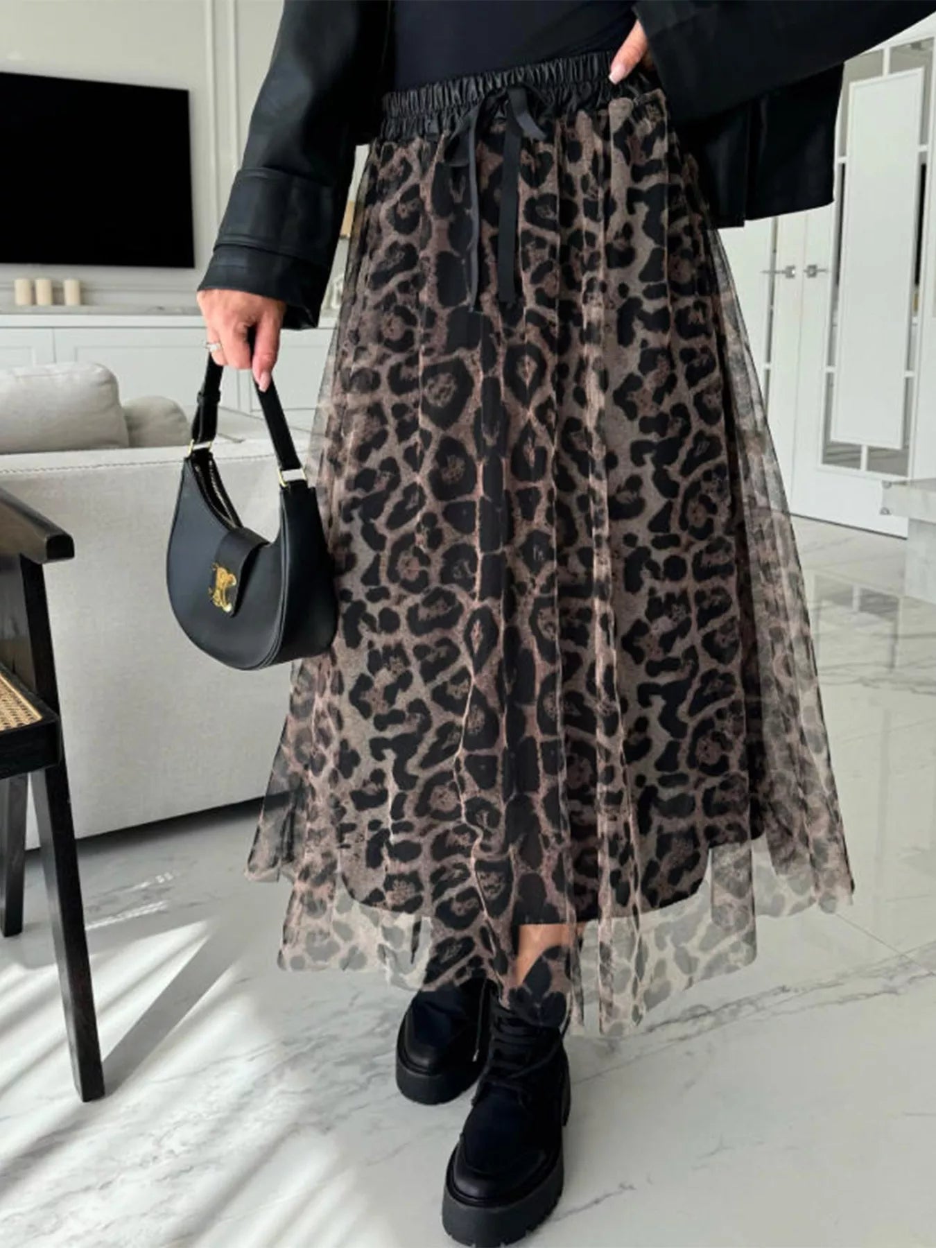Leopard Print Tulle Midi Skirt Brown Trendsi