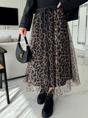 Leopard Print Tulle Midi Skirt Brown Trendsi