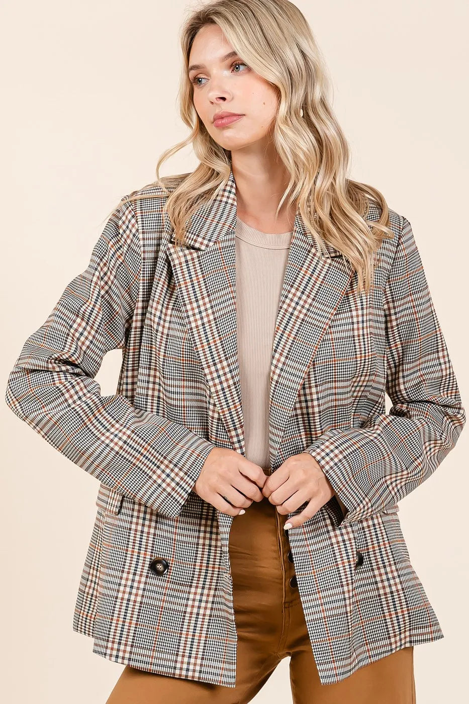 Mittoshop Plaid Double Breasted Relaxed Fit Blazer OutfitFlow