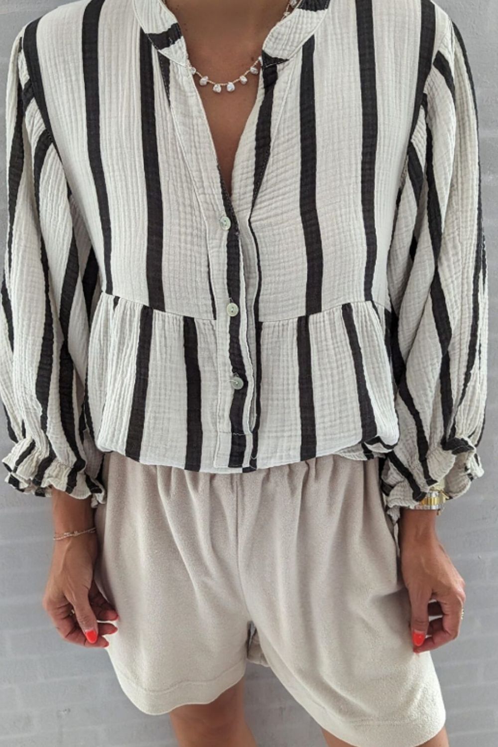 Outfit Flow - Striped Notched Three-Quarter Sleeve Blouse