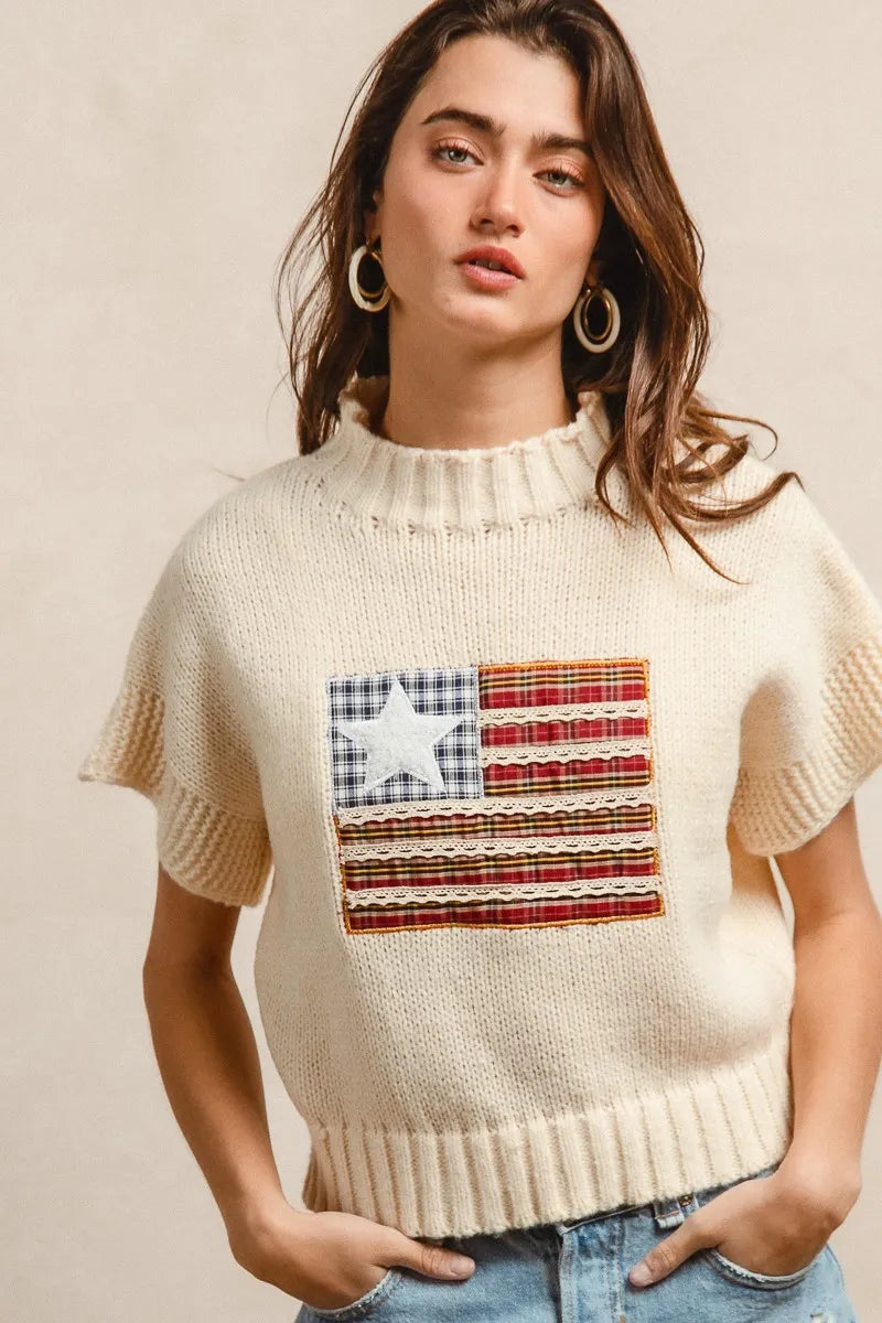 BiBi American Flag Patchwork Drop Shoulder Sweater OutfitFlow