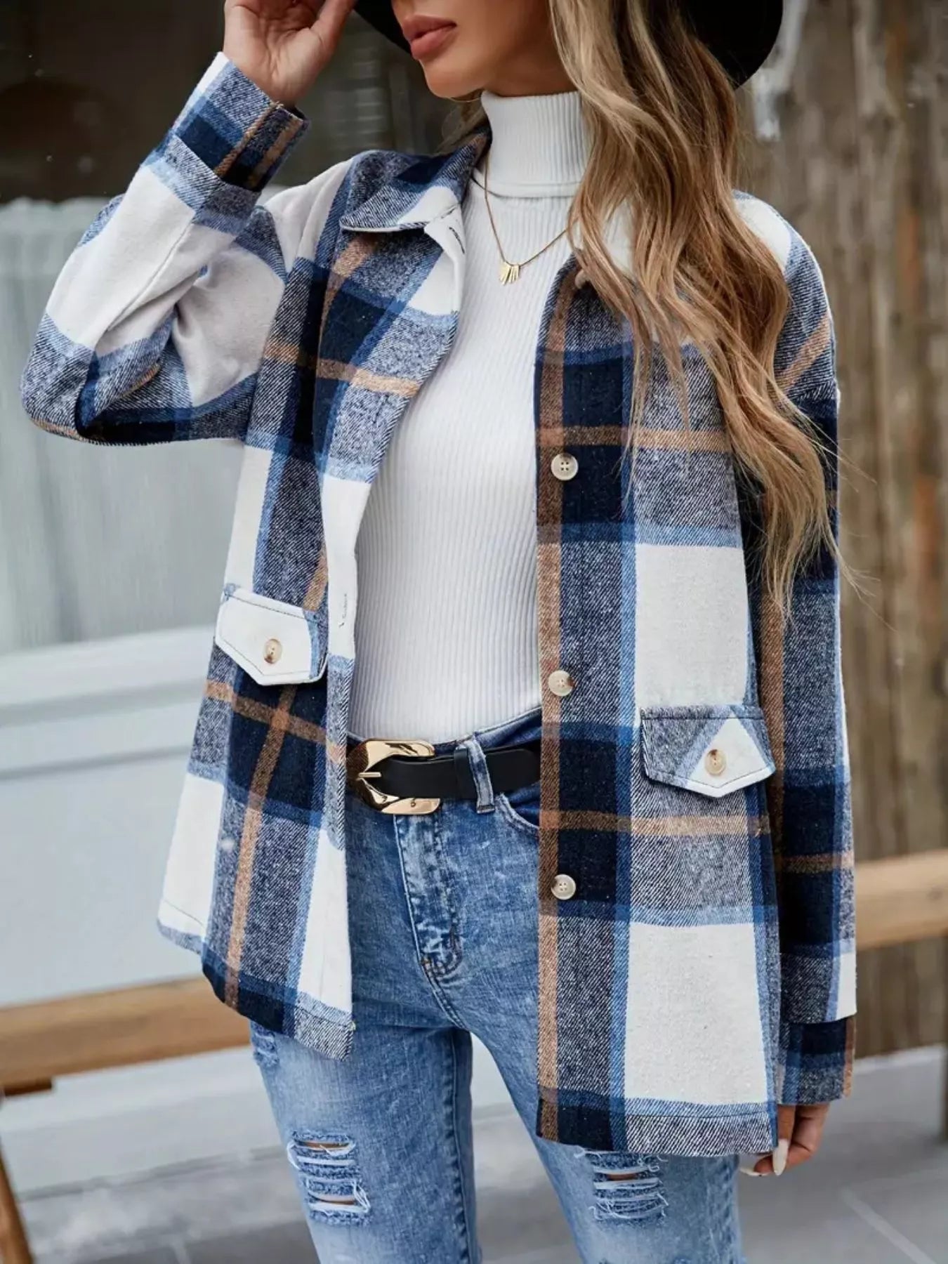 Plaid Button-Up Long Sleeve Shacket Dark Blue OutfitFlow