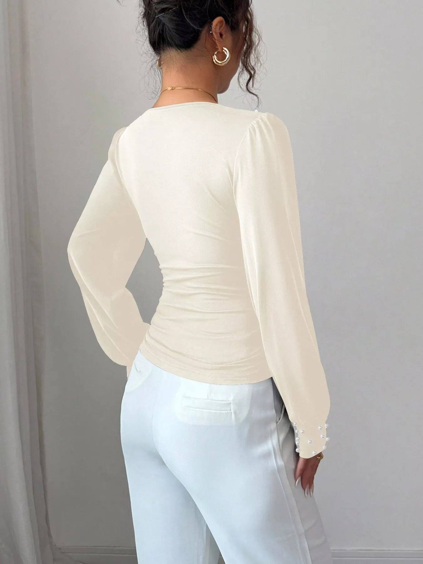 Pearl Embellished V-Neck Blouse OutfitFlow