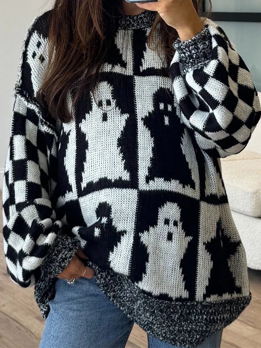 Ghost Dropped Shoulder Long Sleeve Sweater OutfitFlow