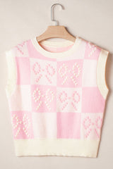 Outfit Flow - Bow Checkered Round Neck Sweater Vest