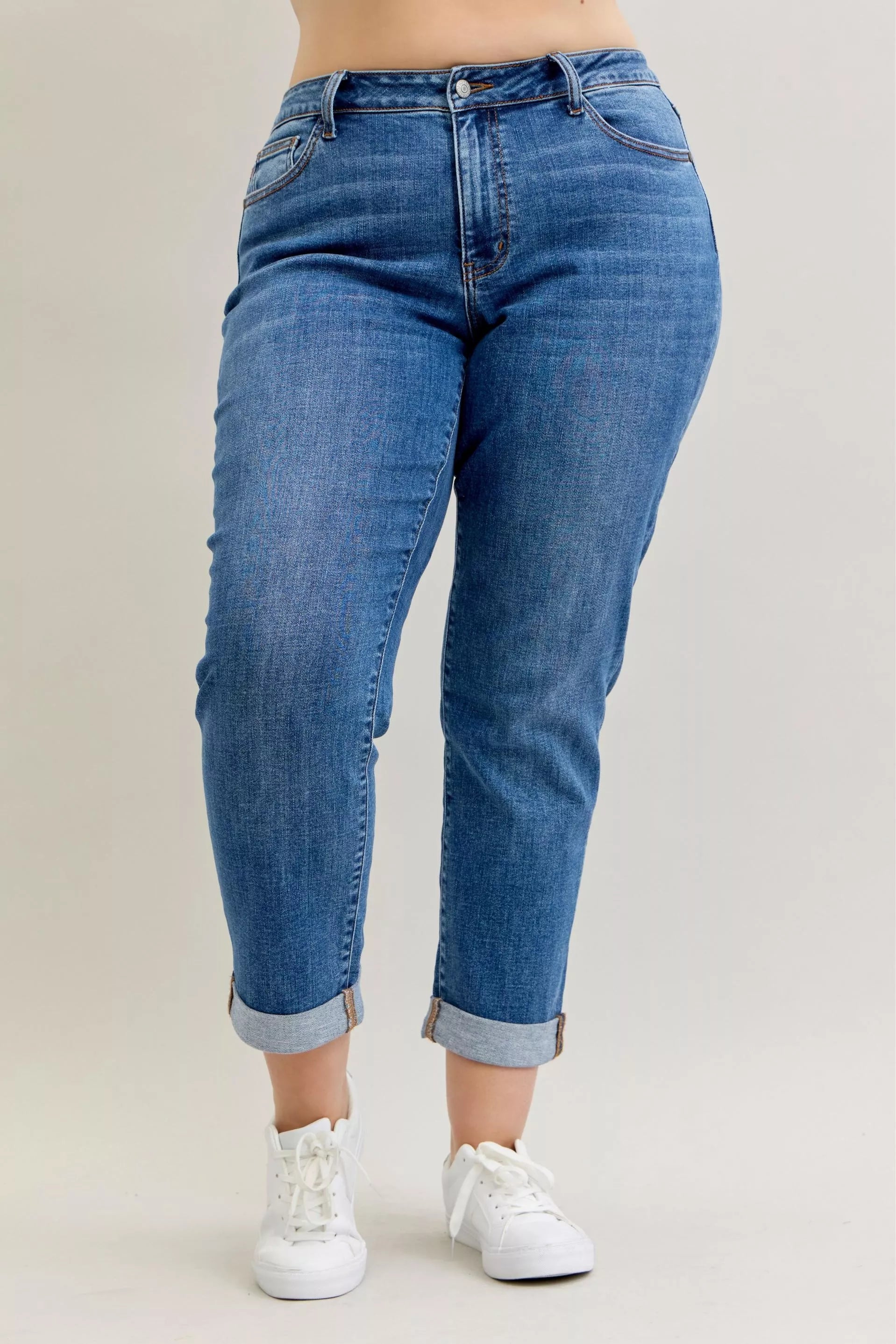 Judy Blue Full Size Mid Rise BF Classic Cuffed Jeans Plus Size OutfitFlow