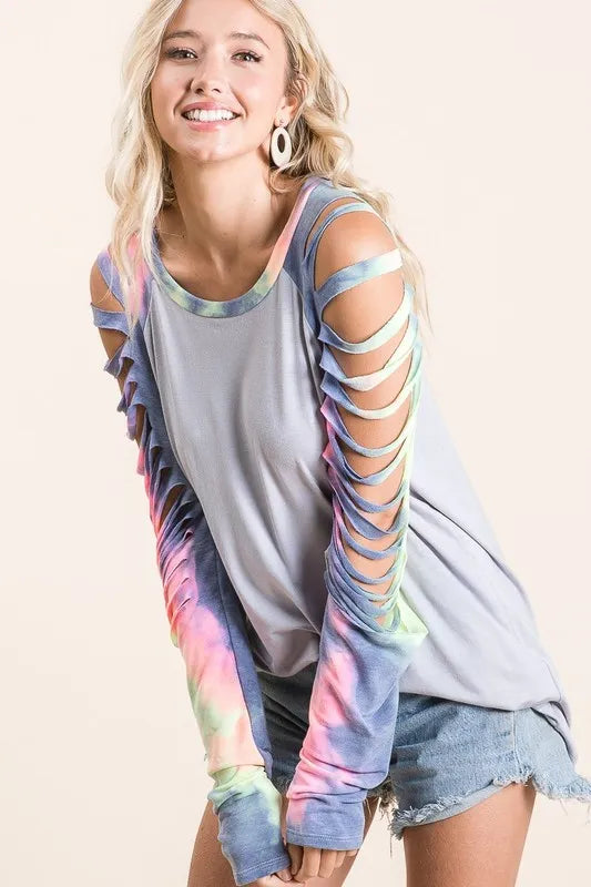 BiBi Jersey Knit Top with Tie Dye Laser Cut Sleeves OutfitFlow