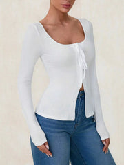 Long Sleeve Scoop Neck Tie Front T-Shirt OutfitFlow