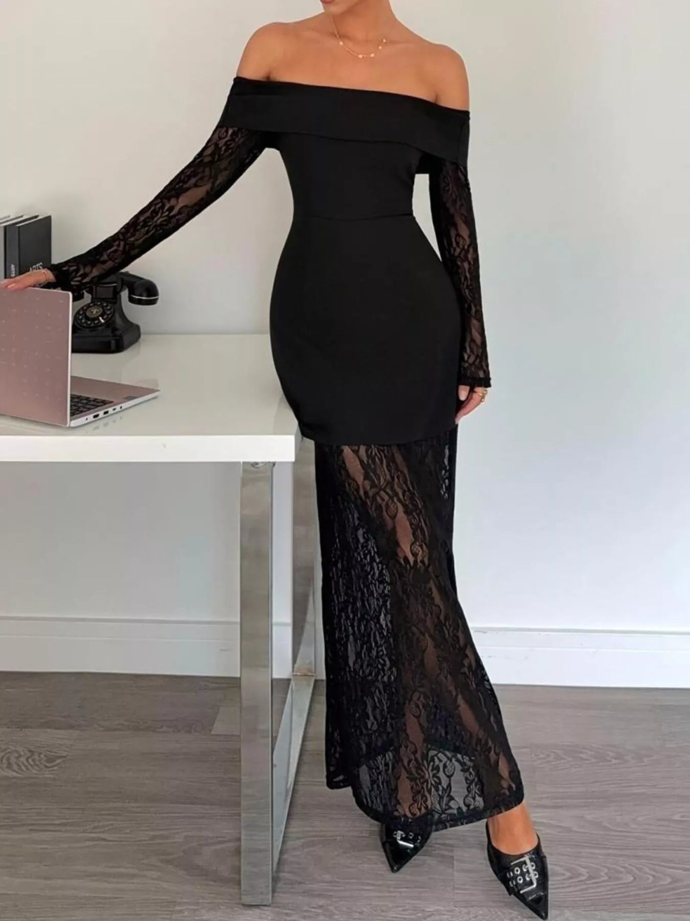 Off-Shoulder Lace Long Sleeve Maxi Dress Black OutfitFlow