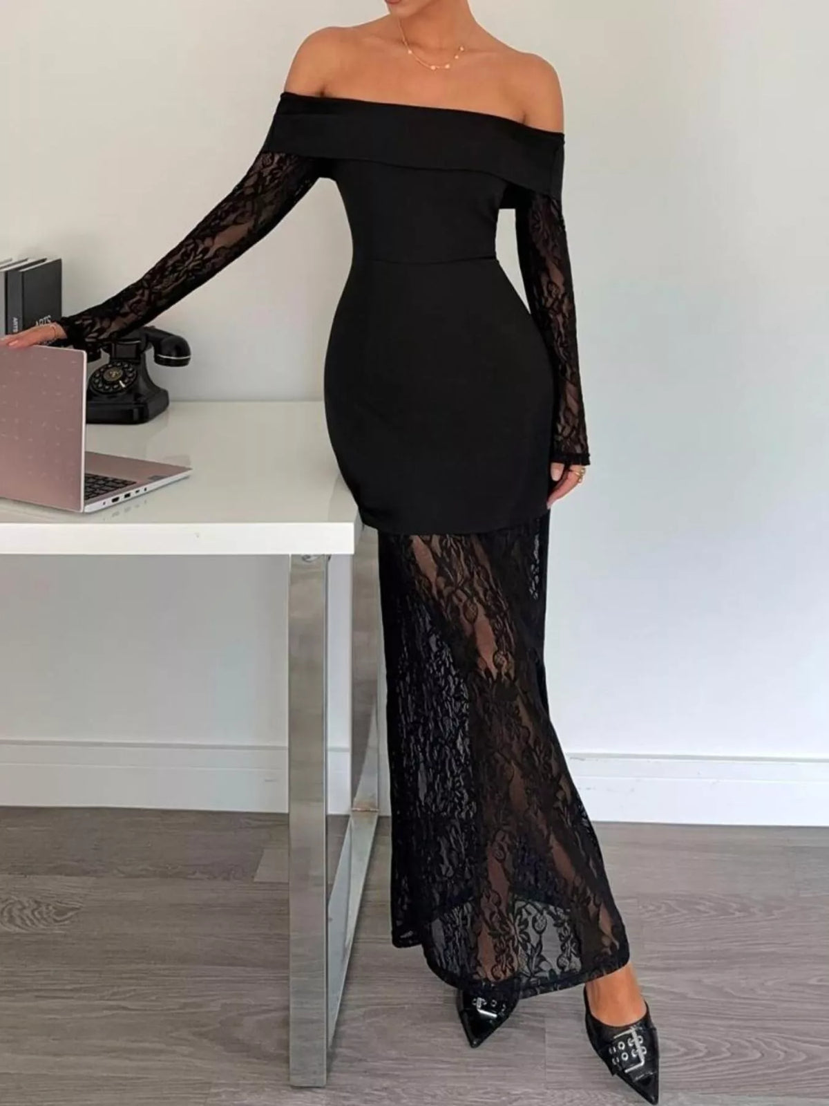 Off-Shoulder Lace Long Sleeve Maxi Dress Black OutfitFlow