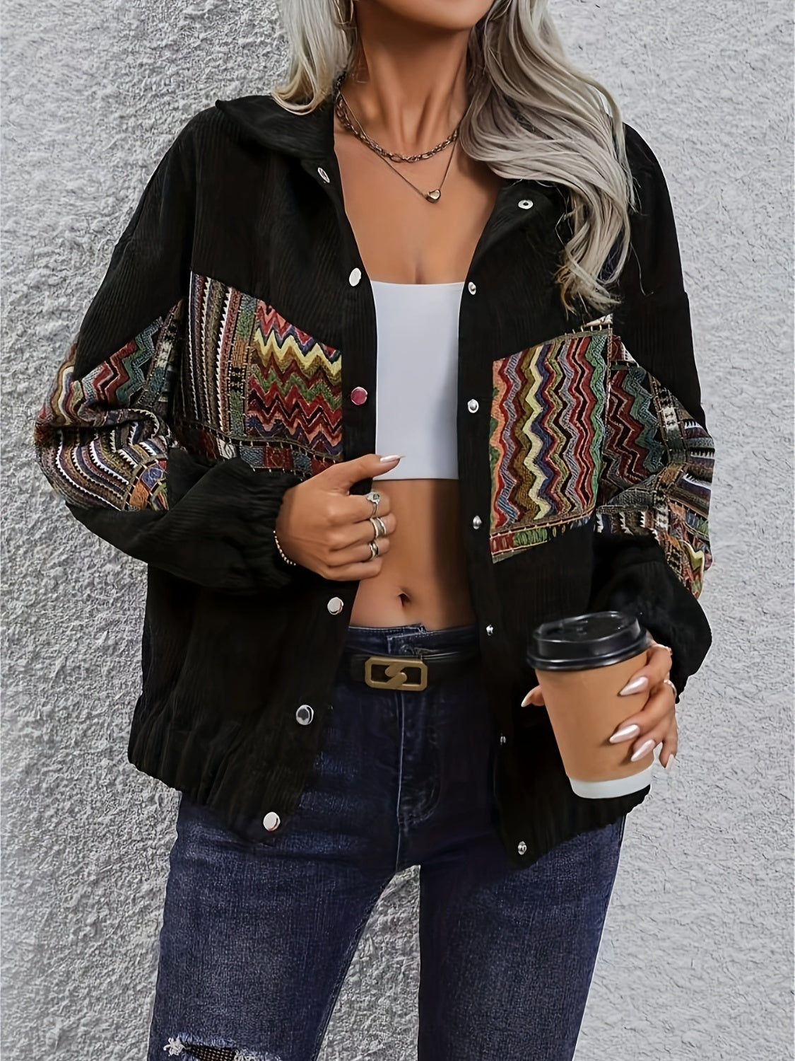 Outfit Flow - Embroidered Collared Neck Snap Down Jacket