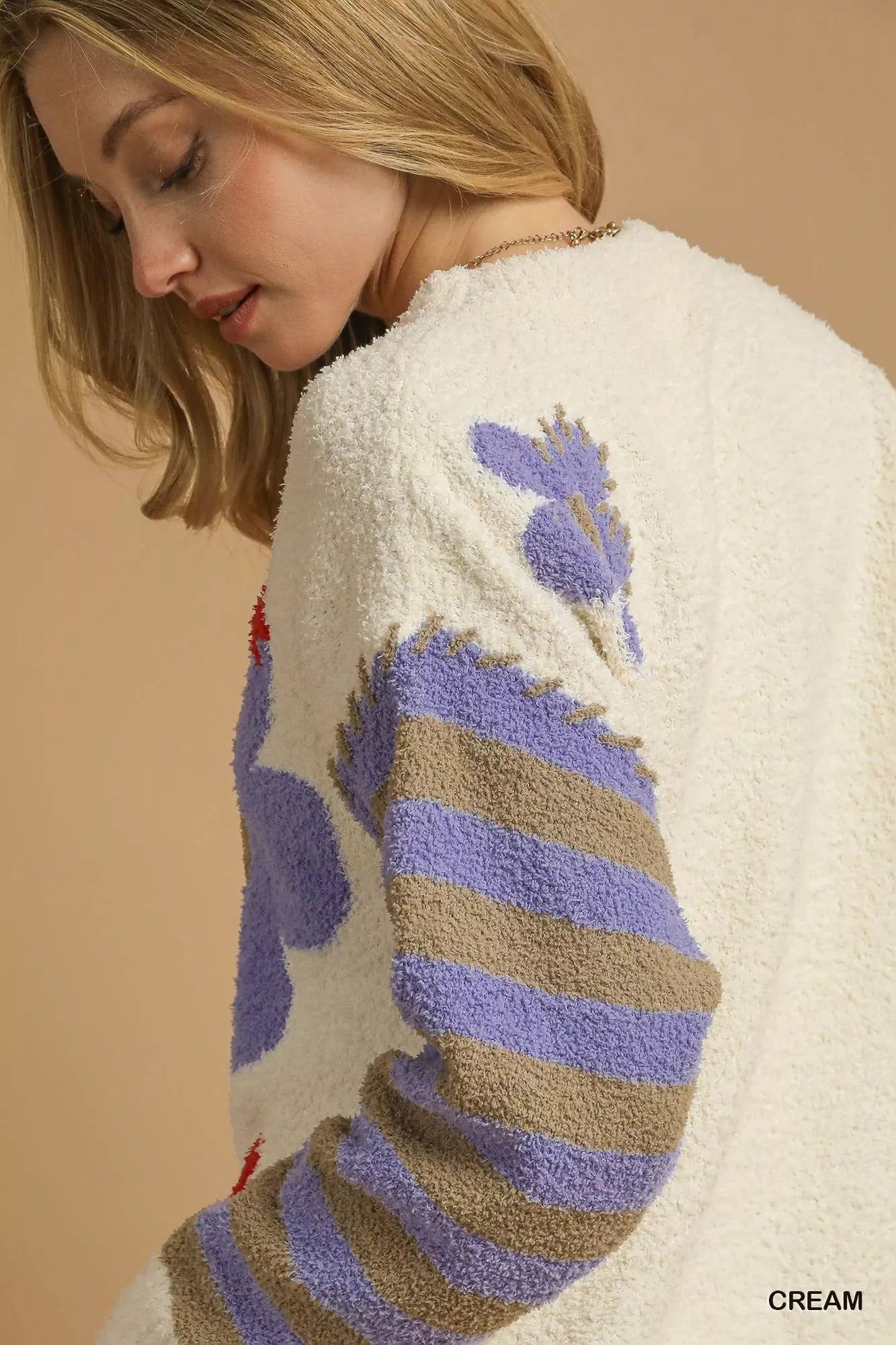 Umgee Flower Jacquard Striped Long Sleeve Sweater OutfitFlow